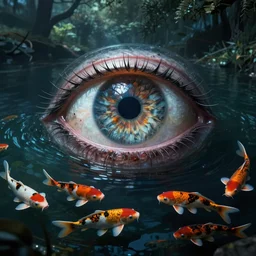 giant eye floating in a pond with koi carps, horror movie poster