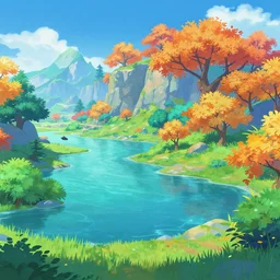 vibrant landscape in style of genshin impact, beautiful waters and trees, vibrant fantasy anime, genshin impact world and landscape, anime