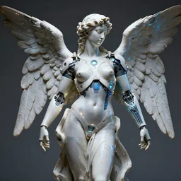 sculpture of female angel with solarpunk mecha humanoid robotic parts with bright led lights, pudica pose gesture, by michelangelo, ultra - realistic and intricate, hdr 8 k