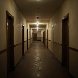 a long hotel hallway,old,creepy armosphere,alone,endless