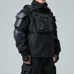 Close upper body shot. Artistically angled casually attired subject.  Professional studio streetwear portrait natural color lighting. Wearing fullbody cool badass bulky military tech sci-fi wearables designed by Masamune Shirow.