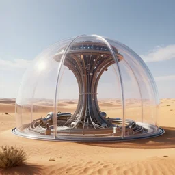 arcology oasis in transparent dome in desert. unreal engine, octane, raytrace, wires, tubes. horizon zero dawn, hawken