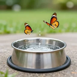 butterfly water flying out of steel dogbowl, low angle shot