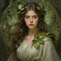 beautiful female druid, portrait, fantasy, young, detailed, hyperrealism, intricate, leaves and simple cloth, dynamic lighting, digital art, digital painting, artstation, wlop, sharp focus, illustration, art by artgerm and greg rutkowski and alphonse mucha, 8 k
