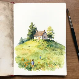 small centered on watercolor paper, paint brush strokes. cottage on a tall hill, hyper real painting by chiara bautista karl kopinski kim jung giu and weta studio, and lucasfilm and jesper ejsing and norman rockwell greg rutkowski frank frazzeta