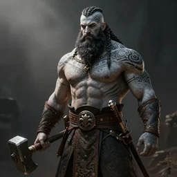 a tall muscular man with grayscale skin, with a full black beard, barbarian with white skin, short hair on sides of head, long braided hair on top of head, tribal tattoos on head and chest and back, short hair on sides, wielding a great hammer, medieval era, full body, style by donato giancola, wayne reynolds, jeff easley dramatic light, high detail, cinematic lighting, artstation, dungeons and dragons