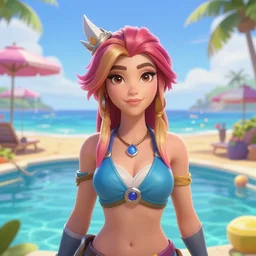 beautiful render of pretty pool party Caitlyn (league of legends) looking at the horizon in a hawaii beach, symmetric face, beautified, 3d, octane render, realistic, highly detailed, trending on artstation