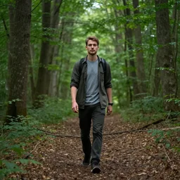 fotorealistic image of a young man in a forest walking towards the camera