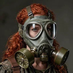 a rustic woman wearing futuristic gas mask, detailed face, redhead, by greg rutkowski, mandy jurgens
