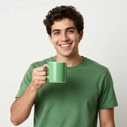 portrait of a ( ( ( una taza de cafe grande y verde ) ) ), ( ( futuro guapo joven hechizero latino macho alegre ) ), lleno de nubes y magia, el sol, concept character, by greg rutowski and tezuka and oi and mucha and bierstadt and remington, trending on artstation