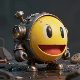photograph of dieselpunk pacman, gritty, oil stains, product photography, high detail