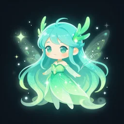 illustration of a cute wisp spirit, cyan and green tones, bright colors