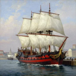 masterpiece painting of a a xix century city port with a white sails and crimson hull, three mast brigantine pirate ship docked, by greg rutkowski and noah bradley, trending on artstation
