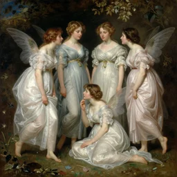nymphs in dresses, oil painting, hyperrealistic, ultra detailed, 4 k, john waterhouse and john everett millais, classicism, raphaelites