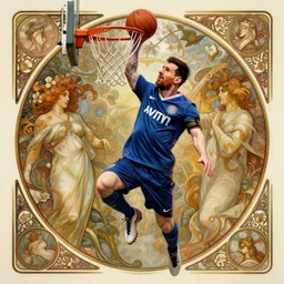 Messi dunking a basketball, D&D, fantasy, intricate, elegant, highly detailed, digital painting, artstation, concept art, matte, sharp focus, illustration, art by Artgerm and Greg Rutkowski and Alphonse Mucha