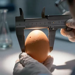 scientist examining egg with calipers