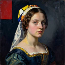 portrait of young woman in renaissance dress and renaissance headdress, art by piet mondrian