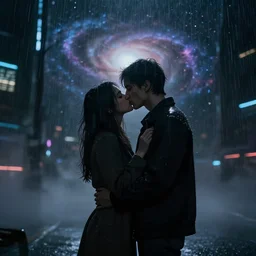 dark mood, rain, bright couple kissing in the middle, cyberpunk background, galaxy, video game, digital art, fog, dramatic