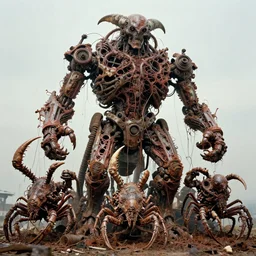 movie still of flayed god machines, each battle tiered mutant crustaceans, intricately macerated by age, sentient, dethroned goliath machine, blood turbines, hydrocracking battles, rusted, macerated, eviscerated by fimbria wires, bicornate fungal pit, trash patina sheen rotting, by alberto bontempi, alex ross