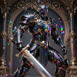 God of all warriors wearing black powerful iridescent armor encrusted in tiny iridescent microchips and transistors and iridescent cybernetic processors, extreme detail, artstation, wide angle, brandishing a powerful sword, colorful vivid octane render, award winning artwork on artstation, realistic complex baroque composition