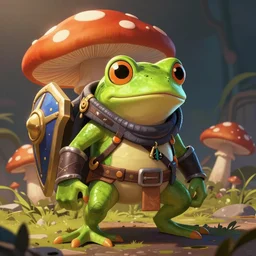 cyberpunk frog warrior with a mushroom shield, cartoon, artstation, cgsociety, ambient lighting