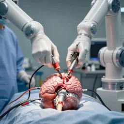 a close up of a brain transplant in an operating room with robotic surgeons with a lot of wires , photorealistic,by Wlop,4k resolution