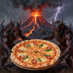 masked demons grabbing a large pizza!!!, in the background is a volcano spewing lava and black smoke, streams of glowing hot lava, flashes of lightning in the distance. wide angle, long shot, an ultrafine detailed painting by edouard manet, deviantart, pop surrealism