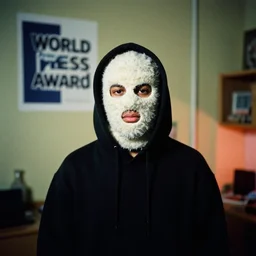 photography of a cool teenage human wearing a fuzzy skimask with a big black hoodie on in a 9 0 s room, kodachrome, film grain, iso 1 0 0, f 8, world press award