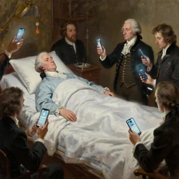 oil painting Life of George Washington Deathbed but everyone is looking at glowing iPhones