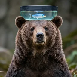 a bear wearing a fish tank on his head