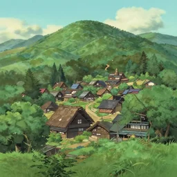 Japanese village in the mountains in studio ghibli style