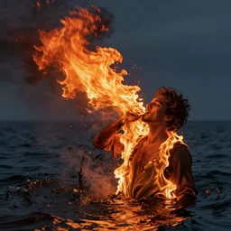 oil panting of a man in fire in the middle of the ocean