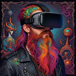 detailed hipster skinny man wearing big vr headset, long vibrant beard, dmt, by james gurney + intricate and vibrant work + portrait + trending on artstation + incredible gothic illustration + exquisite detail