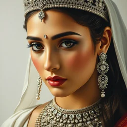 clothed in blouse, tiara, necklace, earrings. close - up face portrait painting of a mahabharata princess, by boris vallejo. white and silver.