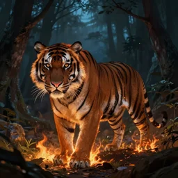 burning one tiger in the night forest, mystery, scared, fantasy, highly detailed, digital painting, concept art, sharp focus, illustration, beautiful volumetric lighting, epic light, artstation