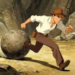 Indiana Jones running away from boulder trap, rolling boulder, raiders of the lost ark, made in abyss anime style