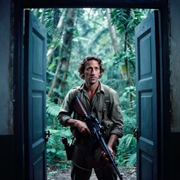 film still, extreme far view, adrien brody, jungle, vietnam door gunner, apocalypse now, associated press,, 2 6 mm, kodak ektachrome, blue tint expired film,