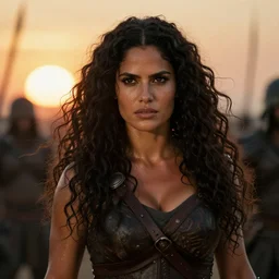 epic photo of muscular salma hayek as beautiful barbarian warrior princess with long curly black hair blowing in the wind in a battle scene, sweaty, detailed eyes, neutral expression, shallow depth of field, photorealistic, cinematic lighting, lovely bokeh, low contrast, underexposed, warm colours, sunset east, movie quality, the beastmaster 1 9 8 5, movie still