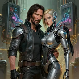 a highly detailed photorealistic cyberpunk 2077 couple portrait of a Keanu Reeves as johnny silverhand and a female android with lots of electric cable behind them connected to giant computer,couple pose,love,fantasy, intricate, elegant,by Alex Horley and Greg Rutkowski,artstation,deviantart,FAN ART,Unreal Engine,Digital painting,face enhance,8K,golden ratio,cinematic lighting
