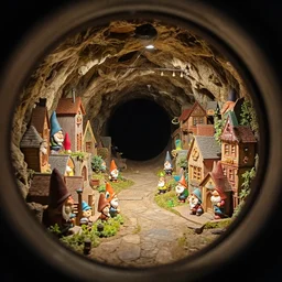 cavernous nostril as seen with a tilt shift lens. gnome village is growing inside. 4 k photograph. broadway set design.
