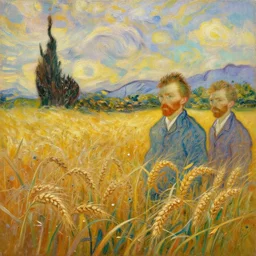 a digital fine art painting of a grain field at golden hour, a detailed matte painting by vincent van gogh and claude monet and thomas kinkade and bob ross. paint spatters, paint drips, paint stippling, paint dribble, paint speckling. dry brush and wet brush. rich texture, rich vivid color.