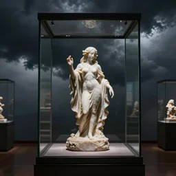 marble sculpture of an illythid in glass case inside a museum surrounded by an ominous dark cloud, hd, 4 k, photorealistic, atmospheric light