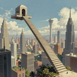 agical stairway paradox in a skyscape, scifi art by francois schuiten, highly detailed, unexpected juxtapositions, non sequitur, illogical absurd modern surrealism fantasy art, cel - shaded, colored screentone, digitally enhanced.
