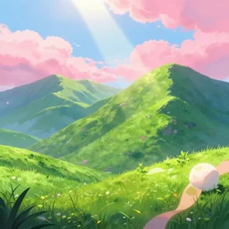 Mountains with flourishing green grass, aesthetic, pink clouds in the sky, brightly illuminated by rays of sun, artstation, colorful sylvain sarrailh illustration, by peter chan, day of the tentacle style, twisted shapes