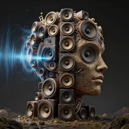 a highly detailed landscape of recursive speakers forming a 3 d head, speaker head, polyphonic ecstacy, frequency waves. ornate, hyperrealistic, octane render, chiaroscuro, inspired by giger alien, greg rutkowski, android jones, beeple, rhads, shaun tan, frostbite 3 rendered