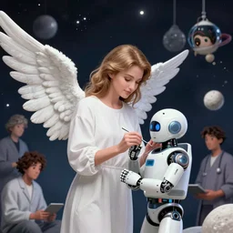 a beautiful space angel fixing an android by alberto vargas and josan gonzalez and gil elvgren and william etty and norman rockwell, vibrant, white outfit, highly detailed, intricate, orange details, blue sky, comic lines, hyperrealism