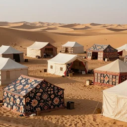 the conceptual art design depicts a tent bazaar in a Middle Eastern desert region. Canvases with Japanese floral patterns make up the tents.
