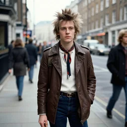 janes gurney style, photorealistic, man punk in the street of London 1977