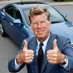 john f kennedy jr. doing a selfie giving a thumbs up in from of a blue hyundai sonata.