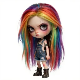 cute grungy woman with rainbow hair, drunk, angry, soft eyes and narrow chin, dainty figure, long hair straight down, torn overalls, short shorts, combat boots, basic white background, side boob, highly detailed face, realistic face, beautiful detailed eyes, fantasy art, in the style of greg rutkowski, illustration, epic, fantasy, intricate, hyper detailed, artstation, concept art, smooth, sharp focus, ray tracing, vibrant,
